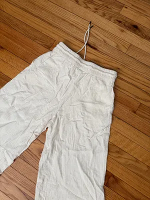 a new day textured crinkle Wide Drawstring Trousers pullover cream pants Sz S coastal minimalist elastic waist thumbnail 6