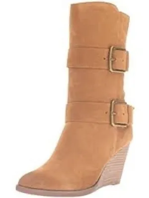 Very Volatile tan suede wedge mid calf boots buckles women's size 8.5 Trendy‎ thumbnail 1