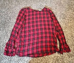 Loft Womens Red Black Plaid Ruffle Cuff Long Sleeve Blouse Small Keyhole‎ Back thumbnail 1