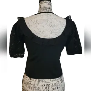 Zara Black Ecru Lace Trim Pointelle Knit Sweater Short Sleeves Size:M NWOT thumbnail 4