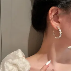Big Opal Rhinestone C-Shaped Hoop Earrings for Women, Minimalist Wedding Party thumbnail 4