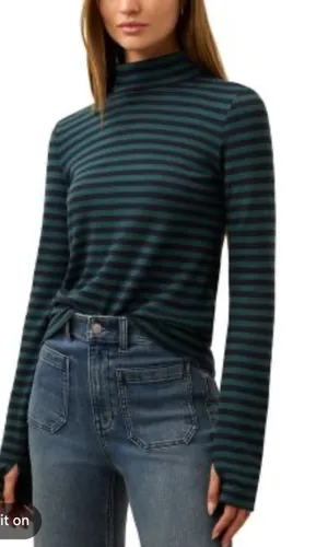 FAHERTY Turtleneck Top Green Navy Stripe Sz Small NEW thumbnail 2