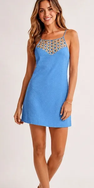 Lilly Pulitzer Blue Halter Mini Dress Gold Cut Out Accent Womens 2 Crochet Beach thumbnail 1