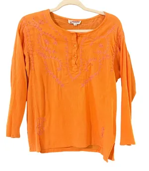Kaketus Y2k Orange Cotton Gauze‎ Embroidered Boho Henley Blouse Womens Large thumbnail 1