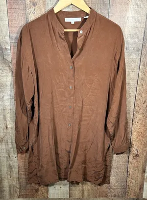 Preston & York Womens M 100% Silk Brown Oversized Button Down Longline Tunic Top thumbnail 1