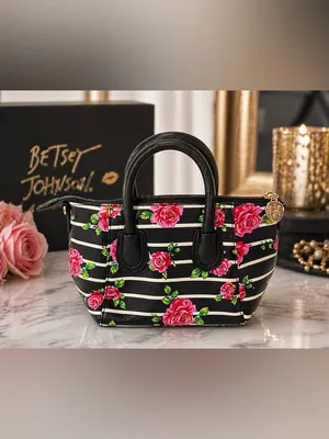 Betsey Johnson Floral Stripe Satchel Black Pink Rose Mini Handbag Y2K thumbnail 2