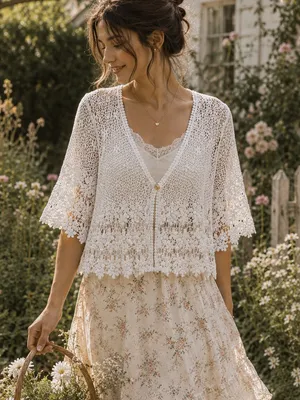 Vintage White Crochet Lace Cotton Cardigan Cover Up Women's XL Boho Cottagecore thumbnail 1