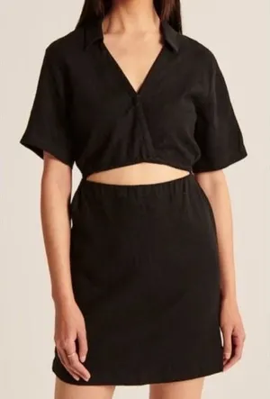 Abercrombie & Fitch Black Linen Blend Cutout Dress Small Short Sleeve Collared thumbnail 1
