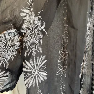 Forgotten Grace Black White‎ Cover Up Robe Sz XL Flowers Pom Pom Trim Resortwear thumbnail 5