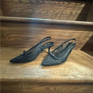 Express Black Pointed Toe mesh dot Slingback Heels with Bow Accent 8 thumbnail 2