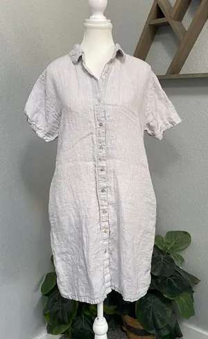 C&C California Light Grey Purple Button Up Dress Short Sleeve Linen Pockets thumbnail 1