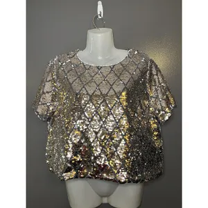 Mi Ami Blouse Womens Medium Gold Sequin Argyle Cropped Top Party Holiday thumbnail 2