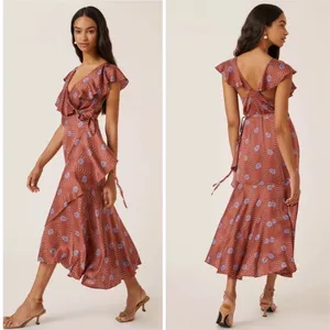 Anthropologie Ruffle Sleeve Printed Wrap Maxi Dress brown cornflower S thumbnail 2