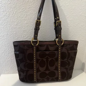 COACH Gallery Metallic Dark Chocolate Bronze Jacquard Signature Studded Tote thumbnail 2