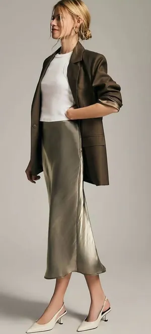 NWT Anthropologie Shine Bias Midi Skirt XS Metallic Khaki Champagne $108 thumbnail 1