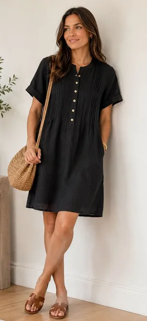 Quince Linen Pintuck Shift Dress Womens S Black Short Sleeve Pockets CMA01 thumbnail 1