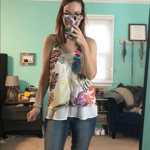 Bar‎ III Womens Abstract Tropical Layered Camisole Top White Multicolor Med Boho thumbnail 2