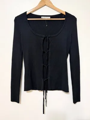 Abercrombie & Fitch Tie Front Ribbed Cardigan Size Medium Black Sweater Bows thumbnail 1