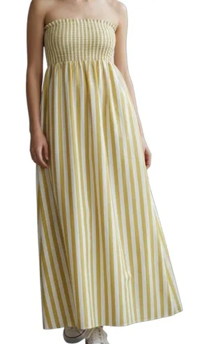 A New Day Yellow White Striped Maxi Dress Sundress Strapless Cotton Size Medium thumbnail 1