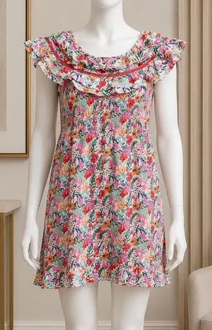 Lost + Wander Womens Mini Dress Floral Smocked Ruffle Cowl Neck Multi Size M thumbnail 1