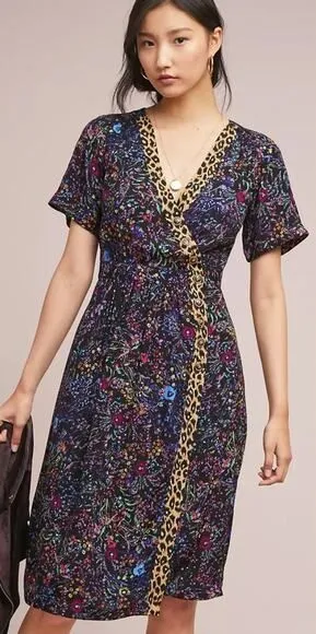 Anthropologie Maeve Cheetah Floral Multi‎ Purple Dress Knee Length Womens Size 0 thumbnail 1