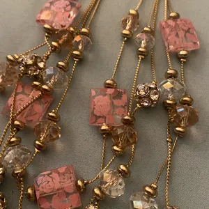 Vintage 16” To 18” Necklace Multi Strand Pink & Clear Floral Square Beads Gold thumbnail 5
