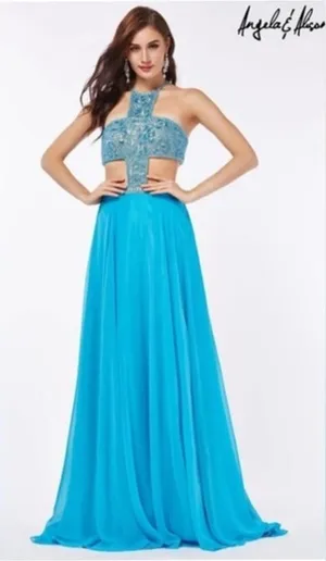 Angela‎ & Alison teal blue beaded prom wedding ball evening gown size 0 Pageant thumbnail 1