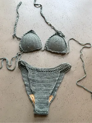 NWOT Handcrafted Grey Crochet Triangle Bikini Set Gray Size M thumbnail 1
