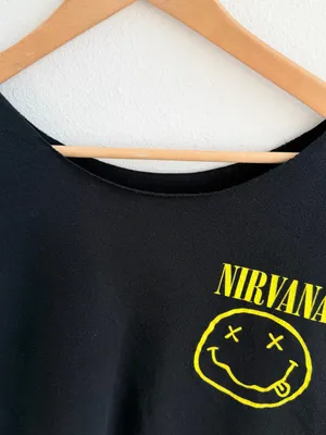 Nirvana Smiley Face Band Tee Black Off-the-Shoulder T-Shirt thumbnail 3