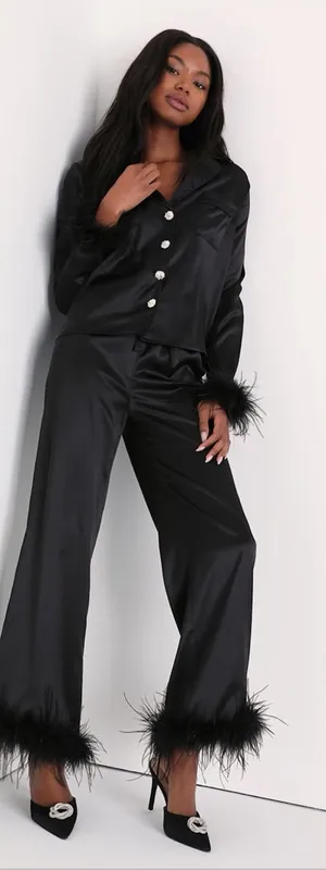 LULU’S Dreamiest Delight Black Satin Feather Two-Piece Pajama Set thumbnail 1
