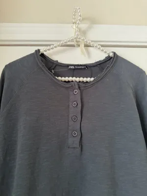 Zara Charcoal Distressed Long Sleeve Quarter Button Down Top thumbnail 2