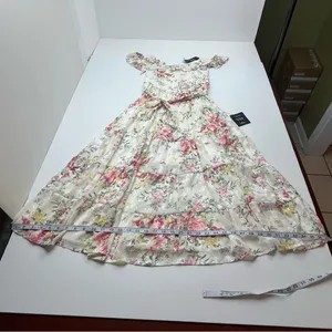 Lulus Shela Ivory Floral Jacquard Tiered Midi Dress‎ Ruffle Womens Medium NEW thumbnail 11