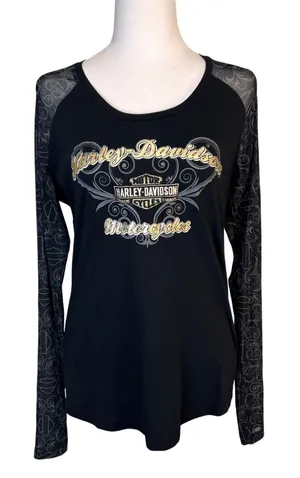 Harley-Davidson Mesh Sleeve Shirt Womens L Black Orlando FL Graphic Biker Moto‎ thumbnail 1