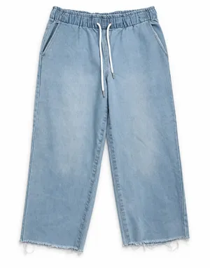 Forever 21 Large Denim Wide Leg Cropped Pants Light Wash Raw Hem Casual Boho thumbnail 1