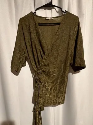 Zara Wrap Blouse Size S Olive Green Velvet V-Neck Tie Front Top thumbnail 1