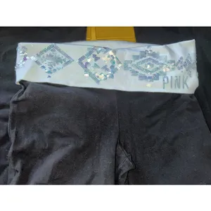 PINK Victorias Secret Yoga Pants Black Flare Sequin Foldover Waist Small Regular thumbnail 8