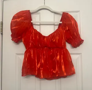 Women's Red Shiny Puff Sleeve Top thumbnail 1