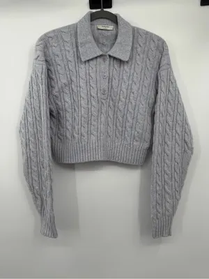 Aritzia Sunday Best Rosebud Polo Sweater S Gray Wool Cable Knit Cropped thumbnail 2