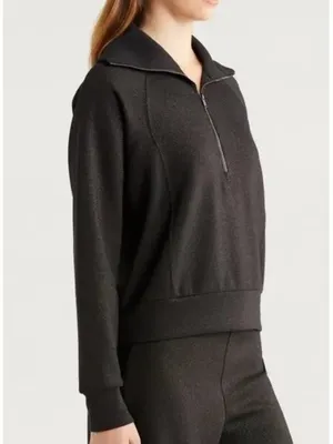 Spanx AirEssentials Half Zip Shimmer Very Black Gunmetal Shine Henley Sweater M thumbnail 4