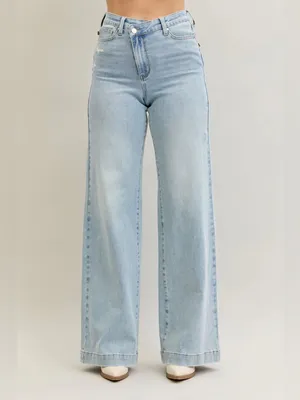 Judy Blue High Waist Retro Wide Leg Criss Cross Mild Destroy Jeans Blue 7/28 thumbnail 2