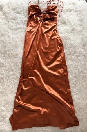 Socialite Rust Satin Ruched Halter Maxi Dress Size S thumbnail 1