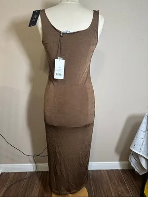 NA-KD Brown Shiny Sheen Square Neck Midi slip tank Dress women’s size Large NEW thumbnail 3