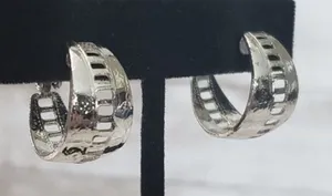 Vintage Clip On Earrings 7/8" Silver Tone Chunky Hoops with Cut Out thumbnail 1