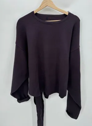Zara Sweater Women Medium Plum Purple Tie Wrap Belted Chunky Thick Crewneck‎ thumbnail 1