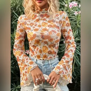 NWT Floral Mesh Mock Neck Top Bell Sleeves Size M Boho Y2K Hippie 70s Chic thumbnail 2