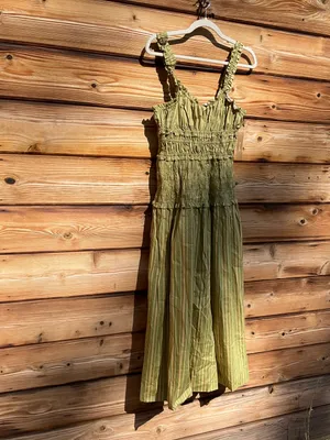 Few Moda o.p.t Freya Size M Green Striped Smocked Fit Flare Midi Cotton Dress thumbnail 6