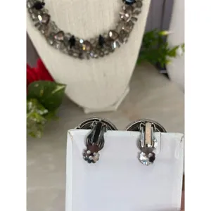 Silver Rhinestone and black rhinestone cluster necklace and earring set thumbnail 4