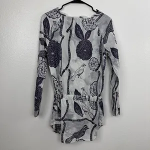 Custo Barcelona Tunic Womens Size 2 Gray Floral Bird Print Drawstring Waist Top thumbnail 7