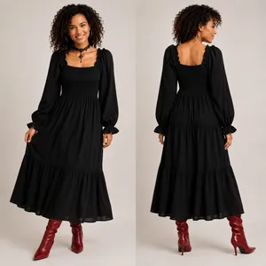 August Sky Smocked Maxi Dress S Black Long Sleeve Square Neck Cottagecore‎ Boho thumbnail 2