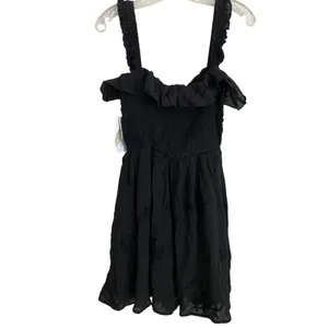 Wild Moss Womens Smocked Body‎ Mini Dress Black Floral Embroidered Ruffle L NWT thumbnail 7